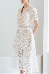 leona Cropped Peak Lapel Lace top skirt set in white
