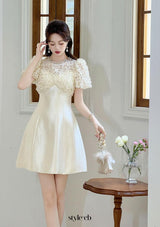 Floral Lace Puff Sleeve A-Line mini Dress in apricot