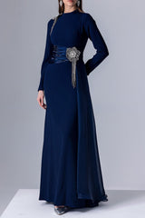 crystal flower Long-sleeve lace pleated maxi dress in blue