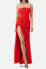 pleated strapless high slit maxi dress in red