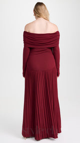 sara bodycon strapless long sleeve maxi dress in burgundy