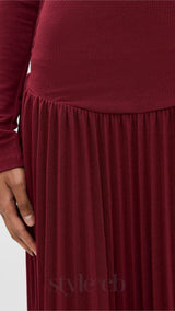 sara bodycon strapless long sleeve maxi dress in burgundy