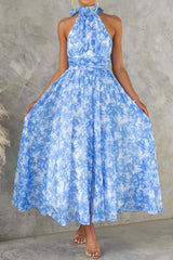 simona Sleeveless printed backless mini dress in blue