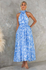 simona Sleeveless printed backless mini dress in blue