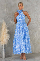 simona Sleeveless printed backless mini dress in blue