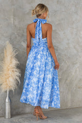 simona Sleeveless printed backless mini dress in blue