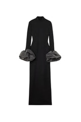 rachel black ruffled crystal-embellished crepe mock-neck gown