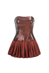 Strapless Sequin Bubble Mini Dress in brown