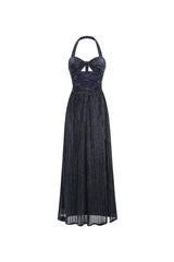 bonnie halter pleated cutout maxi dress in navy blue