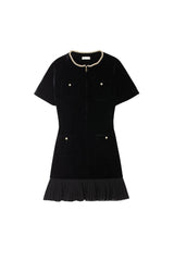 Pearl-trimmed collar zipper velvet pleated dress in black