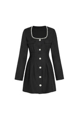 viola black Square Neck Rhinestone Pleated Mini Dress