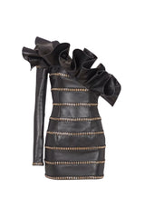 Rantan One Shoulder Asymmetric Leather Ruffle Mini Dress