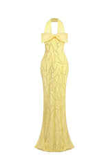 irene Halterneck Bowknot Beaded bodycon maxi dress in yellow