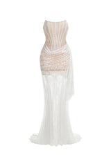 rita ivory sheer lace corset maxi dress with draped neckline