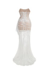 rita ivory sheer lace corset maxi dress with draped neckline