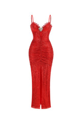 bertha high slit pleated sequin maxi dress in red