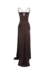 pleated Strappy Draped slit Maxi Dress in brown