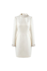 Beaded cuffs long sleeve mini dress in white