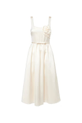 polly floral-appliqué satin midi dress in ivory