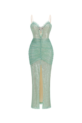 bertha high slit pleated sequin maxi dress in green