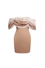 Turmeric Off Shoulder Fur Trim Mini Dress