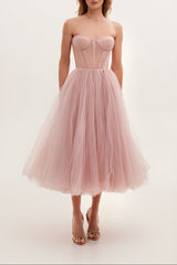 Misty Rose Strapless Puffy Midi Tulle Dress