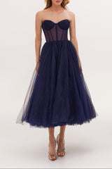 Navy Strapless Puffy Midi Tulle Dress