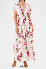 Sonya Pleated Floral Print Maxi Dress in white