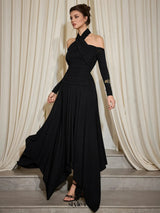 monica Cross Shoulder High Neck Maxi Dress in black