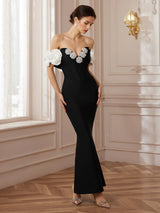 eleanore black Haute Ribbon-Corset White flower Maxi Dress