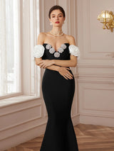 eleanore black Haute Ribbon-Corset White flower Maxi Dress