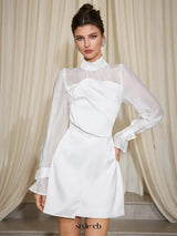 sabrina High Neck Mesh Patchwork Mini Dress in white