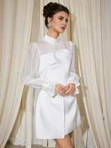 sabrina High Neck Mesh Patchwork Mini Dress in white