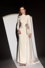 crystal flower Long-sleeve lace pleated maxi dress in apricot