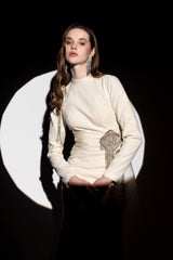 crystal flower Long-sleeve lace pleated maxi dress in apricot