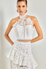 Lace sleeveless top irregular skirt set in white