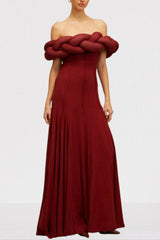 Padded Braided Off-Shoulder Maxi Dress in burgundy