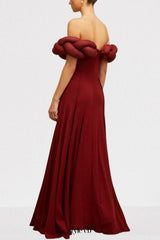Padded Braided Off-Shoulder Maxi Dress in burgundy