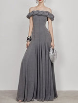 Padded Braided Off-Shoulder Maxi Dress in burgundy