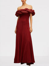 Padded Braided Off-Shoulder Maxi Dress in burgundy
