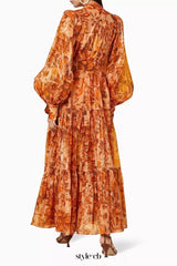 kelly Printed Balloon Sleeve Maxi Dress in brown