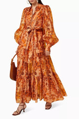 kelly Printed Balloon Sleeve Maxi Dress in brown