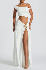 Saira pleated high slit Maxi Skirt - White