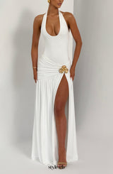 Saira pleated high slit Maxi Skirt - White