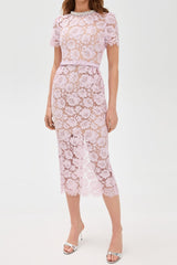 Pink hollow Lace Pearl Midi Dress