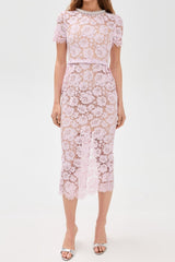 Pink hollow Lace Pearl Midi Dress