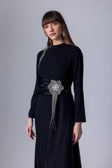 crystal flower Long-sleeve lace pleated maxi dress in blue