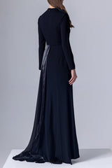 crystal flower Long-sleeve lace pleated maxi dress in blue