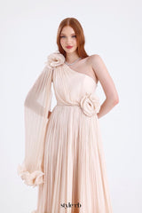 simona one shoulder 3d flower ruffle hem maxi dress in apricot