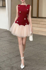 beryl 3D flower patchwork tulle mini dress in red